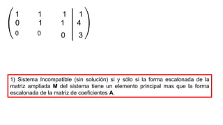 0 1 4
1 1 1 1
0 0
1
0 3
1) Sistema Incompatible (sin solución) si y sólo si la forma escalonada de la
matriz ampliada M del sistema tiene un elemento principal mas que la forma
escalonada de la matriz de coeficientes A.
 