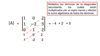 1 0 2
1 −2 3
0 1 2
A =
1 0 2
1 -2 3
Multiplico los términos de la diagonales
secundarias, los cuales serán
multiplicados por un signo menos y efectúo
la suma algebraica de todos los términos.
= - 4 + 2 + 0
 
