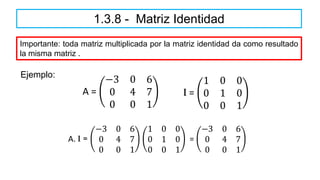1.3.8 - Matriz Identidad
Importante: toda matriz multiplicada por la matriz identidad da como resultado
la misma matriz .
A =
−3 0 6
0 4 7
0 0 1
Ejemplo:
I =
1 0 0
0 1 0
0 0 1
A. I =
−3 0 6
0 4 7
0 0 1
1 0 0
0 1 0
0 0 1
=
−3 0 6
0 4 7
0 0 1
 
