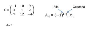 G =
−1 10 9
3 1 2
7 12 −4
𝐴21 =
Aij = (−1)i+j
. Mij
Fila Columna
 