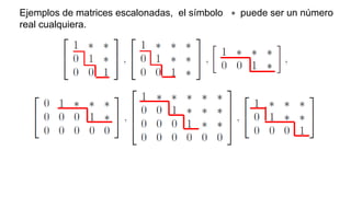 Ejemplos de matrices escalonadas, el símbolo ∗ puede ser un número
real cualquiera.
 
