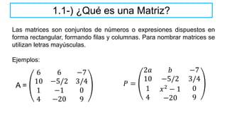 Las matrices son conjuntos de números o expresiones dispuestos en
forma rectangular, formando filas y columnas. Para nombrar matrices se
utilizan letras mayúsculas.
Ejemplos:
A =
6 6 −7
10 −5/2 3/4
1
4
−1
−20
0
9
1.1-) ¿Qué es una Matriz?
𝑃 =
2𝑎 𝑏 −7
10 −5/2 3/4
1
4
𝑥2 − 1
−20
0
9
 