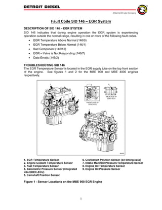 Fault Code SID 146 – EGR System
DESCRIPTION OF SID 146 – EGR SYSTEM
SID 146 indicates that during engine operation the EGR system is experiencing
operation outside the normal range, resulting in one or more of the following fault codes.
   • EGR Temperature Above Normal (146/0)
   • EGR Temperature Below Normal (146/1)
   • Bad Component (146/12)
   • EGR – Valve is Not Responding (146/7)
   • Data Erratic (146/2)

TROUBLESHOOTING SID 146
The EGR Temperature Sensor is located in the EGR supply tube on the top front section
of the engine. See figures 1 and 2 for the MBE 900 and MBE 4000 engines
respectively.




1. EGR Temperature Sensor                       6. Crankshaft Position Sensor (on timing case)
2. Engine Coolant Temperature Sensor            7. Intake Manifold Pressure/Temperature Sensor
3. Fuel Temperature Sensor                      8. Engine Oil Temperature Sensor
4. Barometric Pressure Sensor (integrated       9. Engine Oil Pressure Sensor
into DDEC-ECU)
5. Camshaft Position Sensor

Figure 1 - Sensor Locations on the MBE 900 EGR Engine




                                            1
 