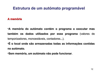 12
Estrutura de um autómato programável
A memória
A memória
•A memória do autómato contém o programa a executar mas
A memória do autómato contém o programa a executar mas
também os dados utilizados por esse programa
também os dados utilizados por esse programa (valores de
(valores de
temporizadores, monoestáveis, contadores...).
temporizadores, monoestáveis, contadores...).
•É o local onde são armazenadas todas as informações contidas
É o local onde são armazenadas todas as informações contidas
no autómato.
no autómato.
•Sem memória, um autómato não pode funcionar
Sem memória, um autómato não pode funcionar.
.
 