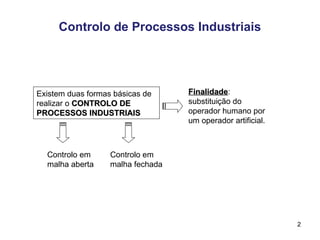 2
Controlo de Processos Industriais
Existem duas formas básicas de
realizar o CONTROLO DE
CONTROLO DE
PROCESSOS INDUSTRIAIS
PROCESSOS INDUSTRIAIS
Finalidade
Finalidade:
substituição do
operador humano por
um operador artificial.
Controlo em
malha aberta
Controlo em
malha fechada
 