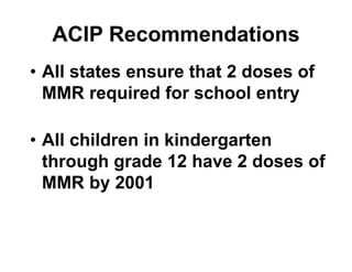ACIP Recommendations
• All states ensure that 2 doses of
MMR required for school entry
• All children in kindergarten
through grade 12 have 2 doses of
MMR by 2001
 