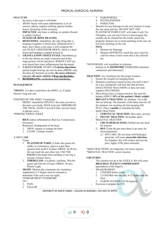 MEDICAL-SURGICAL NURSING
UNIVERSITY*OF*SANTO*TOMAS*–*COLLEGE*OF*NURSING*|*FJCP*2017*|
α
α
α
α
α*NOTES*
FRACTURE
- the move it the more it will brake
- SIGNS: Injury will cause inflammation; Loss of
motion; edema, crepitus (rubbing against another
bone), shortening of the extremity
- IMPACTED: one bone is rubbing on another (Sound
is called Crepitus)
- STAGES OF BONE HEALING
1. HEMATOMA: immobilize, the only thing that is
keeping it together is blood clots; Inflamed (First 3
days; don’t place a cast since it will compress the
site; PLACE a POSTERIOR MOLD: which is a hard
board and bandages wrapped around it)
2. GRANULATION TISSUE STAGE: Osteoblasts go
to the site; Bones are made of protein and at this
stage protein will be laid down; WHOLE CAST are
now placed here since inflammation has decreased
3. CALLUS STAGE Calcium deposition
: START of ;
partial weight bearing can now be done (PROM; only
the done for fractures on joints; the more sedentary
you are; the more calcium will go out the body)
4. REMODELING: ossification and remodeling
MANAGEMENT
*SPLINT: it is above and below the JOINT; ex if radial
fracture: long arm cast
STIFFNES OF THE JOINT: Contracture
- MGMT: immobilize ( )
SPLINT : the more you move,
the more you break; NECK (cervical: IMMOBILIZE
THE NECK, ASAP); Cervical Collar: prevent injury
to phrenic nerve
*PHRENIC NERVE: C2 C3
-
- RICE (educe inflammation; Rest Ice, Compression,
Elevation)
- Reduction: Realignment of the bone
1. OPEN: surgery to realign the bone
2. CLOSE: Casting/ traction
CAST CARE
- Types:
1. PLASTER OF PARIS: it looks like gauze but
chalky in consistency; place in water then
squeeze then mold it in place; DRIES: 24-48 hrs:
Do not touch the cast when wet; USE THE
PALM of the hand when molding or moving it
around; Cement/ heavy
2. FIBERGLASS: it is plastic, synthetic; Wet the
gauze and little bit of water; DRIES: 20 min;
Plastic/ Light
- MGMT: Monitor the extremities for circulatory
impairment inserted
(1-2 fingers must be to
determine if the cast is not too tight):
COMPARTMENT SYNDROME
5P’s
1. PAIN
2. PALLOR
3. PARESTHESIA
4. PULSELESSNESS
5. PARALYSIS
- Monitor for any drainage on the cast; Instruct to keep
the cast clean and dry; DO NOT WET THE
PLASTER OF PARIS CAST, will make it soft; For
Fiberglass, you can wet it but it is discouraged, the
outside can be cleaned but the inside cannot dry
properly; Instruct not to insert anything in the cast; do
not write anything on the cast
- INFX:
1. Monitor for Drainage
2. Monitor HOTSPOTS: touch the cast it must be
cold but when it feels warm that is the infected
are
*NO POWDER: will contribute to infection
- Instruct to do ISOMETRIC EXERCISES (alternate
contraction and relaxation)
TRACTION: Act of pulling into the proper location
1. Ensure the weights are hanging freely
2. Maintain continuous traction (once you pull it don’t
let it go; misaligned: will heal into that position
[MALUNITED/ MALUNION] or does not stick
together [NO UNION])
3. Must always have a counter-traction: the need for
balance (ONLY 10% of the patient’s Body weight)
- BRYANT’S TRACTION: for children <3y/o; the
feet are held up; The buttocks of the baby must be off
the mattress, not touching the bed meaning NO
PULL; Place a mobile to stimulate the baby
- SKIN TRACTION
1. CERVIVCAL TRACTION: Skin type; cervical
2. PELVIC TRACTION: for lumbar spine
- SKELETAL TRACTION
1. CRUTCHFIELD TONG: Drilled into the skull
for traction
2. BST: Clean the pin since there is an entry for
microorganisms;
2.1 PIN CARE: Do not clean with hydrogen
peroxide: will cause anaerobic infection;
No betadine: this will oxidize and rust the
pins; Apply ATB; place antiseptic
*SKIN TRACTIONS: are temporary, for minor injuries
*SKELETAL TRACTION: severe injuiries
CRUTCHES
- The crutches not up to the AXILLA: this will cause
BRACHIAL PLEXUS COMPRESSION
(paresthesia of the fingers)
- MEASUREMENT:
1. 2 INCHES below axilla
2. 2-3 INCHES into the side; 6-12 inches into the
front
3. ELBOW FLEXION (20-30 degrees)
- Exercises to prepare for CW:
0 0
 