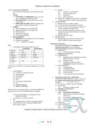 MEDICAL-SURGICAL NURSING
UNIVERSITY*OF*SANTO*TOMAS*–*COLLEGE*OF*NURSING*|*FJCP*2017*|
α
α
α
α
α*NOTES*
VALVULAR HEART DISEASE
- Can result from endocarditis and inflammation then
HF
1. TYPES
1.1 STENOSIS or NARROWING: does not open
due to or hardening (CHF)
stiffening
1.2 INSUFFICIENCY: Incomplete closure of the
valve (CHF)
1.3 PROLAPSE OF THE VALVE: protrudes into
the La (MC in Mitral/ Bicuspid valve)
2. FORMS
2.1 Aortic insufficiency: Left Sided CHF
2.2 Mitral insufficiency: Left Sided CHF
2.3 Mitral Stenosis
2.4 Mitral Valve Prolapse
2.5 Tricuspid Insufficiency
3. MANAGEMENT
3.1 PORCINE: Pork grafting for valves; Temporary
3.2 Prosthetic: Permanent
3.2.1 HANCOC: Tricuspid
HTN
1. CLASSIFICATION OF BP FOR ADULTS
SYSTOLIC DIASTOLIC
Optimal 120 80
Normal <130 <85
High 130 139
- 85 89
-
STAGE 1 140 159
- 90 99
-
STAGE 2
(+20)
160 179
- 100 109
-
STAGE 3
(+10)
>180 >110
*To diagnose with HTN; 2 Consecutive reading over a 2-week
period
2. ASSESSMENT
2.1 Essential: no particular reason
2.2 Asymptomatic
2.3 Elevated BP
2.4 Dizziness
2.5 H/A
2.6 L Ventricular Hypertrophy
2.7 HF
2.8 Cerebral Ischemia
2.9 RENAL FAILURE
*Renal ischemia: low blood supply; It will release RENIN à
Angiotensin I ACE
à à ANGIOTENSIN II: High BP
2.10Visual Disturbances inc. Blindness: in the
FRONTAL LOBE
2.11Epistaxis : Pressure in the BV
3. DX
3.1 Increased BUN, creatinine, Na and cholesterol
4. ANEURYSM: GOAL: maintain NORMAL BP;
Don’t make it rupture
4.1 TYPES
4.1.1 Saccular: one side pouch
4.1.2 Fusiform: Both sides
4.1.3 Dissecting
4.1.4 False Aneurysm
4.2 SURGERY: Clipping of Aneurysm; Coiling (did
not treat just block not really stop the aneurysm)
5. MANAGEMENT
5.1 Regular exercise to reduce weight
5.2 Low sodium diet and limitation of alcohol
5.3 Assess CV status and VS; Take an average of 2
or more readings to establish HTN
5.4 Assess neurologic Disorders and observe for
changes that may indicate alteration in cerebral
perfusion (CVA)
5.5 Monitor I&O and weight
6. MEDICATION
6.1 Maintain quiet environment to reduce stress:
AWAY FROM NX station and elevator
ARTERIAL DISEASES
1. REYNAUD’S DISEASE: Vasospasms of the
arterioles and arteries of the extremities
(Oxygenated Blood); Ischemic à NECROSIS
1.1 ETIOLOGY
1.1.1 Cold [ICE]; Stress; Smoking
1.2 UPPER EXTREMITIES
1.3 ASSESSMENT
1.3.1 Blanching of ext. followed by cyanosis:
WHITE à à
BLUE RED
1.3.2 Reddened tissue
1.3.3 Numbness, tingling sensation
(Paresthesia: Impaired circulation)
1.4 MANAGEMENT
1.4.1 Stop Smoking
1.4.2 VASODILATORS
1.4.3 Avoid Precipitating factors
1.4.4 Warm Clothing
1.4.5 Avoid injuries to hands and fingers
2. BUERGER’S DISEASE/ THROMBO
ANGINITIS OBLITERANS: occlusive disease of
the median and small arteries and veins by clot
formation
2.1 RF: 30-35 y/o; Males; Men who SMOKE
2.2 ETIOLOGY:
2.2.1 Unknown, smoking, males
2.3 LOWER EXTREMITIES
2.4 ASSESSMENT
2.4.1 Intermittent Claudication
2.4.2 Ischemic Pain occurring in the digits
while at rest
2.4.3 Cool, Numb, tingling sensation
2.4.4 Diminished pulse at distal extremities
2.4.5 Ulceration
2.5 Amputation
2.6 MANAGEMENT
2.6.1 Instruct to stop smoking
2.6.2 Monitor Pulses
0 0
 