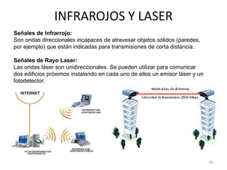 INFRAROJOS Y LASER
45
Señales de Infrarrojo:
Son ondas direccionales incapaces de atravesar objetos sólidos (paredes,
por ejemplo) que están indicadas para transmisiones de corta distancia.
Señales de Rayo Laser:
Las ondas láser son unidireccionales. Se pueden utilizar para comunicar
dos edificios próximos instalando en cada uno de ellos un emisor láser y un
fotodetector.
 