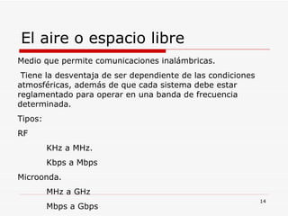 El aire o espacio libre Medio que permite comunicaciones inalámbricas. Tiene la desventaja de ser dependiente de las condiciones atmosféricas, además de que cada sistema debe estar reglamentado para operar en una banda de frecuencia determinada. Tipos: RF KHz a MHz. Kbps a Mbps Microonda. MHz a GHz Mbps a Gbps 