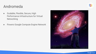 Andromeda
● Scalable, Flexible, Secure, High
Performance Infrastructure for Virtual
Networking
● Powers Google Compute Engine Network
 