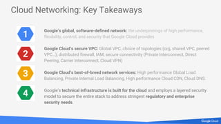 Cloud Networking: Key Takeaways
Google’s global, software-defined network: the underpinnings of high performance,
flexibility, control, and security that Google Cloud provides
Google Cloud’s secure VPC: Global VPC, choice of topologies (org, shared VPC, peered
VPC…), distributed firewall, IAM, secure connectivity (Private Interconnect, Direct
Peering, Carrier Interconnect, Cloud VPN)
Google Cloud’s best-of-breed network services: High performance Global Load
Balancing, Private Internal Load Balancing, High performance Cloud CDN, Cloud DNS.
Google’s technical infrastructure is built for the cloud and employs a layered security
model to secure the entire stack to address stringent regulatory and enterprise
security needs.
1
2
3
4
 