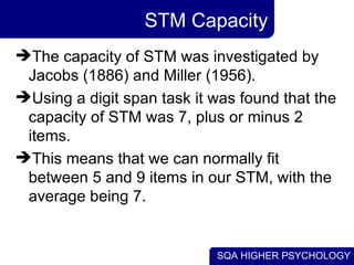 SQA HIGHER PSYCHOLOGY
STM Capacity
The capacity of STM was investigated by
Jacobs (1886) and Miller (1956).
Using a digi...