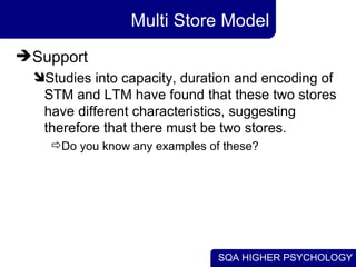 SQA HIGHER PSYCHOLOGY
Multi Store Model
Support
Studies into capacity, duration and encoding of
STM and LTM have found t...