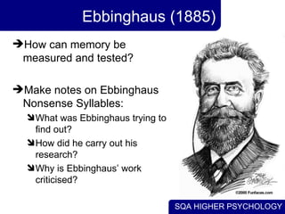 SQA HIGHER PSYCHOLOGY
Ebbinghaus (1885)
How can memory be
measured and tested?
Make notes on Ebbinghaus
Nonsense Syllabl...