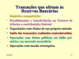 Transações que afetam às Reservas Bancárias Depósitos compulsórios Recolhimentos e transferências ao Tesouro de tributos e contribuições federais Negociações com títulos de sua própria emissão Saldo das transações realizadas (entrada/saída) Operações com títulos públicos em leilão pri-mário e no mercado secundário Operações com moeda estrangeira 03/06/09 