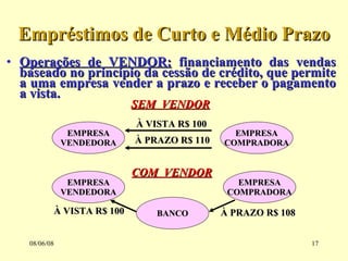 Empréstimos de Curto e Médio Prazo Operações de VENDOR:  financiamento das vendas baseado no princípio da cessão de crédito, que permite a uma empresa vender a prazo e receber o pagamento a vista. 03/06/09 BANCO EMPRESA COMPRADORA EMPRESA VENDEDORA À VISTA R$ 100 À PRAZO R$ 108 COM  VENDOR EMPRESA VENDEDORA À VISTA R$ 100 À PRAZO R$ 110 EMPRESA COMPRADORA SEM  VENDOR 