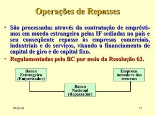 Operações de Repasses São processadas através da contratação de emprésti-mos em moeda estrangeira pelas IF sediadas no país e seu conseqüente repasse às empresas comerciais, industriais e de serviços, visando o financiamento de capital de giro e de capital fixo. Regulamentadas pelo BC por meio da Resolução 63. 03/06/09 Banco Estrangeiro (Emprestador) Empresa  tomadora dos recursos Banco Nacional (Repassador) 