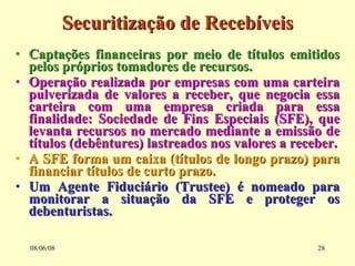 Securitização de Recebíveis Captações financeiras por meio de títulos emitidos pelos próprios tomadores de recursos. Operação realizada por empresas com uma carteira pulverizada de valores a receber, que negocia essa carteira com uma empresa criada para essa finalidade: Sociedade de Fins Especiais (SFE), que levanta recursos no mercado mediante a emissão de títulos (debêntures) lastreados nos valores a receber. A SFE forma um caixa (títulos de longo prazo) para financiar títulos de curto prazo. Um Agente Fiduciário (Trustee) é nomeado para monitorar a situação da SFE e proteger os debenturistas. 03/06/09 