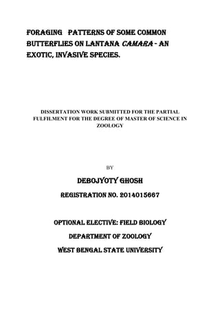 Foraging Patterns of Some Common
Butterflies on Lantana camara - An
Exotic, Invasive Species.
DISSERTATION WORK SUBMITTED FOR THE PARTIAL
FULFILMENT FOR THE DEGREE OF MASTER OF SCIENCE IN
ZOOLOGY
BY
DEBOJYOTY GHOSH
REGISTRATION NO. 2014015667
OPTIONAL ELECTIVE: FIELD BIOLOGY
DEPARTMENT OF ZOOLOGY
WEST BENGAL STATE UNIVERSITY
 