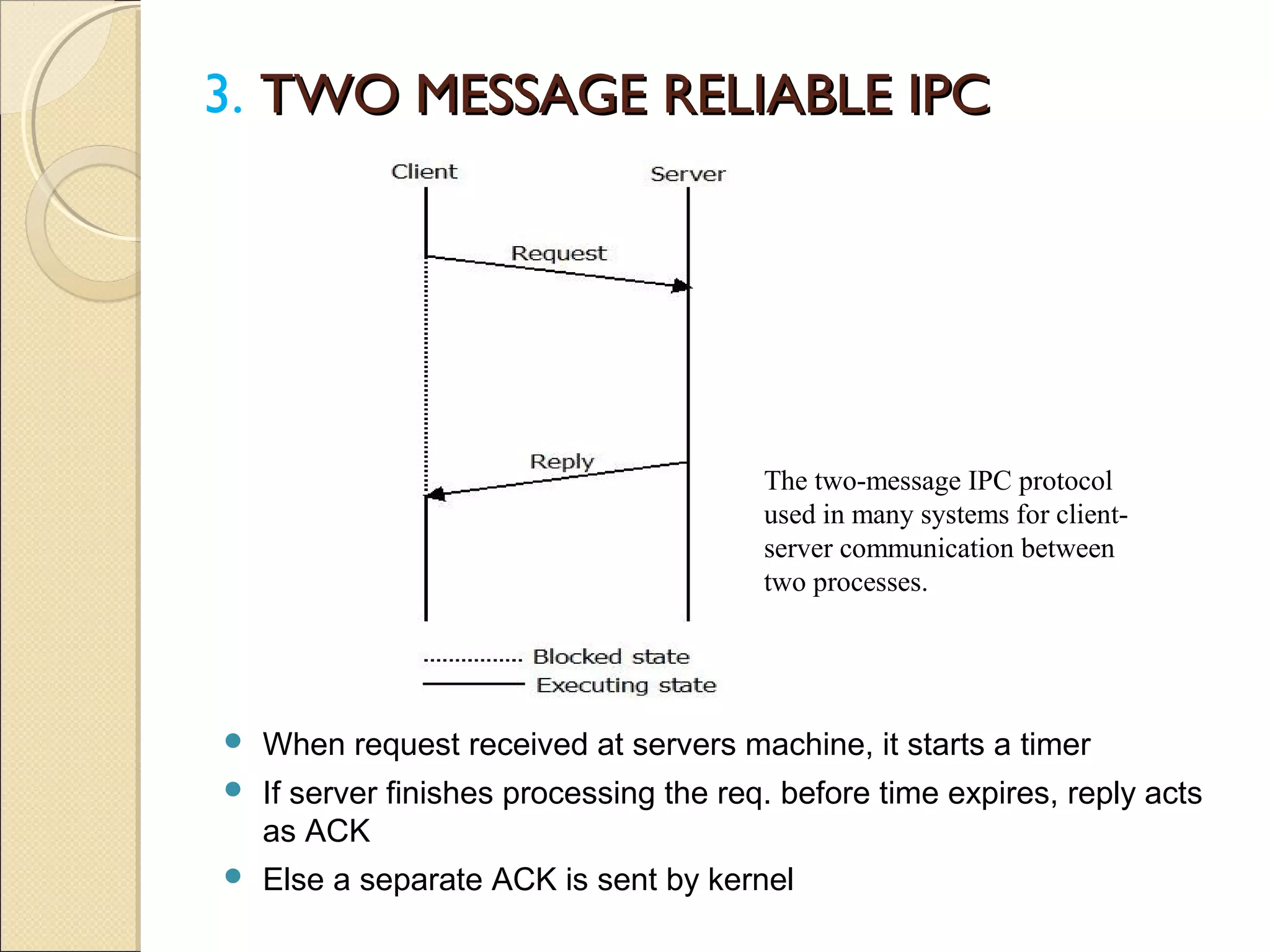 3. TWO MESSAGE RELIABLE IPCTWO MESSAGE RELIABLE IPC
 When request received at servers machine, it starts a timer
 If server finishes processing the req. before time expires, reply acts
as ACK
 Else a separate ACK is sent by kernel
The two-message IPC protocol
used in many systems for client-
server communication between
two processes.
 