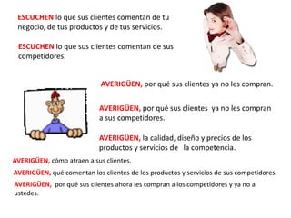 ESCUCHEN lo que sus clientes comentan de tu
negocio, de tus productos y de tus servicios.
ESCUCHEN lo que sus clientes comentan de sus
competidores.
AVERIGÜEN, por qué sus clientes ya no les compran.
AVERIGÜEN, por qué sus clientes ya no les compran
a sus competidores.
AVERIGÜEN, la calidad, diseño y precios de los
productos y servicios de la competencia.
AVERIGÜEN, cómo atraen a sus clientes.
AVERIGÜEN, qué comentan los clientes de los productos y servicios de sus competidores.
AVERIGÜEN, por qué sus clientes ahora les compran a los competidores y ya no a
ustedes.
 