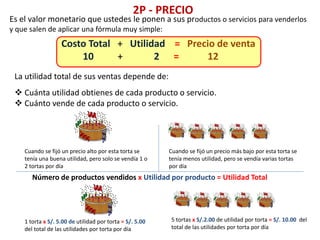 2P - PRECIO
Es el valor monetario que ustedes le ponen a sus productos o servicios para venderlos
y que salen de aplicar una fórmula muy simple:
Costo Total + Utilidad = Precio de venta
10 + 2 = 12
La utilidad total de sus ventas depende de:
 Cuánta utilidad obtienes de cada producto o servicio.
 Cuánto vende de cada producto o servicio.
Cuando se fijó un precio alto por esta torta se
tenía una buena utilidad, pero solo se vendía 1 o
2 tortas por día
Cuando se fijó un precio más bajo por esta torta se
tenía menos utilidad, pero se vendía varias tortas
por día
Número de productos vendidos x Utilidad por producto = Utilidad Total
1 torta x S/. 5.00 de utilidad por torta = S/. 5.00
del total de las utilidades por torta por día
5 tortas x S/.2.00 de utilidad por torta = S/. 10.00 del
total de las utilidades por torta por día
 