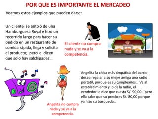 POR QUE ES IMPORTANTE EL MERCADEO
Veamos estos ejemplos que pueden darse:
Un cliente se antojó de una
Hamburguesa Royal e hizo un
recorrido largo para hacer su
pedido en un restaurante de
comida rápida, llega y solicita
el producto; pero le dicen
que solo hay salchipapas…
El cliente no compra
nada y se va a la
competencia.
Angelita la chica más simpática del barrio
desea regalar a su mejor amiga una radio
portátil, porque es su cumpleaños… Va al
establecimiento y pide la radio, el
vendedor le dice que cuesta S/. 90,00; ´pero
ella sabe que su precio es S/. 80,00 porque
ya hizo su búsqueda..
Angelita no compra
nada y se va a la
competencia.
 