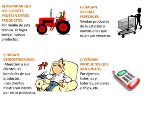 G) PERMITAN QUE
LOS CLIENTES
PRUEBEN OTROS
PRODUCTOS.
Por medio de esta
técnica se logra
vender nuevos
productos.
H) HAGAN
OFERTAS
ESPECIALES.
Vendan productos
de la estación o
nuevos o los que
están por vencerse.
I) HAGAN
DEMOSTRACIONES.
-Muestren a sus
clientes las
bondades de sus
productos.
- Los clientes
mostrarán interés
por estos productos.
J) VENDAN
PRODUCTOS QUE
VAN JUNTOS.
Por ejemplo
linternas y
baterías, celulares
y chips, etc.
 