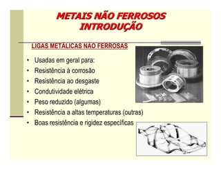 METAIS NÃO FERROSOS
               INTRODUÇÃO
    LIGAS METÁLICAS NÃO FERROSAS

•   Usadas em geral para:
•   Resistência à corrosão
•   Resistência ao desgaste
•   Condutividade elétrica
•   Peso reduzido (algumas)
•   Resistência a altas temperaturas (outras)
•   Boas resistência e rigidez específicas
 