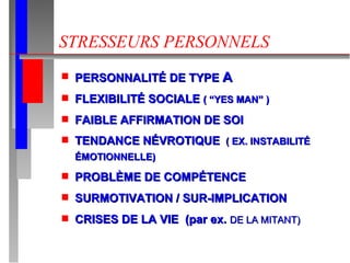 STRESSEURS PERSONNELS PERSONNALITÉ DE TYPE  A FLEXIBILITÉ SOCIALE  ( “YES MAN” ) FAIBLE AFFIRMATION DE SOI TENDANCE NÉVROTIQUE  ( EX. INSTABILITÉ ÉMOTIONNELLE) PROBLÈME DE COMPÉTENCE SURMOTIVATION / SUR-IMPLICATION CRISES DE LA VIE  (par ex.  DE LA MITANT)   