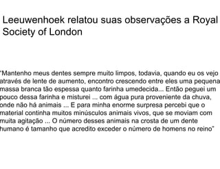 Leeuwenhoek relatou suas observações a Royal
Society of London
“Mantenho meus dentes sempre muito limpos, todavia, quando eu os vejo
através de lente de aumento, encontro crescendo entre eles uma pequena
massa branca tão espessa quanto farinha umedecida... Então peguei um
pouco dessa farinha e misturei ... com água pura proveniente da chuva,
onde não há animais ... E para minha enorme surpresa percebi que o
material continha muitos minúsculos animais vivos, que se moviam com
muita agitação ... O número desses animais na crosta de um dente
humano é tamanho que acredito exceder o número de homens no reino”
 