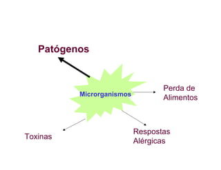 Microrganismos
Patógenos
Toxinas
Respostas
Alérgicas
Perda de
Alimentos
 