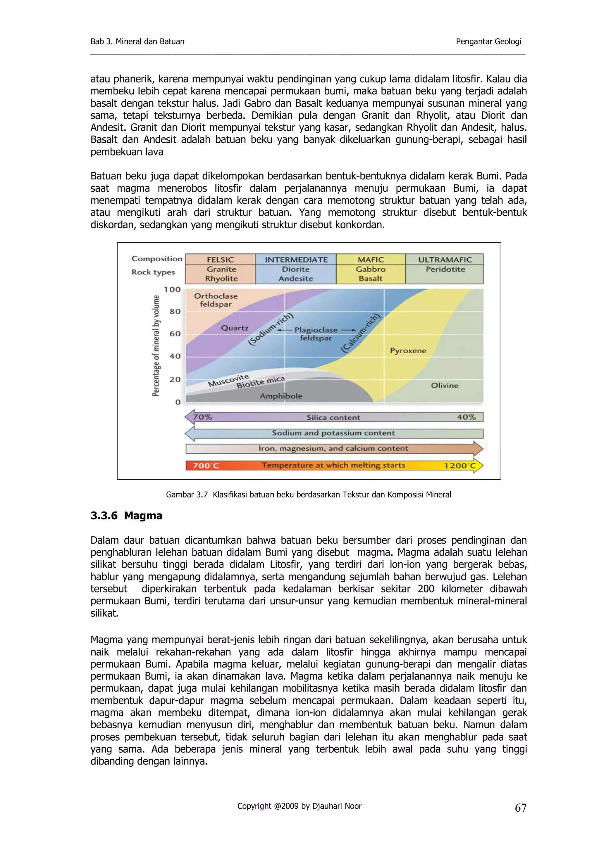 Bab 3. Mineral dan Batuan Pengantar Geologi
___________________________________________________________________________________________________
Copyright @2009 by Djauhari Noor 67
atau phanerik, karena mempunyai waktu pendinginan yang cukup lama didalam litosfir. Kalau dia
membeku lebih cepat karena mencapai permukaan bumi, maka batuan beku yang terjadi adalah
basalt dengan tekstur halus. Jadi Gabro dan Basalt keduanya mempunyai susunan mineral yang
sama, tetapi teksturnya berbeda. Demikian pula dengan Granit dan Rhyolit, atau Diorit dan
Andesit. Granit dan Diorit mempunyai tekstur yang kasar, sedangkan Rhyolit dan Andesit, halus.
Basalt dan Andesit adalah batuan beku yang banyak dikeluarkan gunung-berapi, sebagai hasil
pembekuan lava
Batuan beku juga dapat dikelompokan berdasarkan bentuk-bentuknya didalam kerak Bumi. Pada
saat magma menerobos litosfir dalam perjalanannya menuju permukaan Bumi, ia dapat
menempati tempatnya didalam kerak dengan cara memotong struktur batuan yang telah ada,
atau mengikuti arah dari struktur batuan. Yang memotong struktur disebut bentuk-bentuk
diskordan, sedangkan yang mengikuti struktur disebut konkordan.
Gambar 3.7 Klasifikasi batuan beku berdasarkan Tekstur dan Komposisi Mineral
3.3.6 Magma
Dalam daur batuan dicantumkan bahwa batuan beku bersumber dari proses pendinginan dan
penghabluran lelehan batuan didalam Bumi yang disebut magma. Magma adalah suatu lelehan
silikat bersuhu tinggi berada didalam Litosfir, yang terdiri dari ion-ion yang bergerak bebas,
hablur yang mengapung didalamnya, serta mengandung sejumlah bahan berwujud gas. Lelehan
tersebut diperkirakan terbentuk pada kedalaman berkisar sekitar 200 kilometer dibawah
permukaan Bumi, terdiri terutama dari unsur-unsur yang kemudian membentuk mineral-mineral
silikat.
Magma yang mempunyai berat-jenis lebih ringan dari batuan sekelilingnya, akan berusaha untuk
naik melalui rekahan-rekahan yang ada dalam litosfir hingga akhirnya mampu mencapai
permukaan Bumi. Apabila magma keluar, melalui kegiatan gunung-berapi dan mengalir diatas
permukaan Bumi, ia akan dinamakan lava. Magma ketika dalam perjalanannya naik menuju ke
permukaan, dapat juga mulai kehilangan mobilitasnya ketika masih berada didalam litosfir dan
membentuk dapur-dapur magma sebelum mencapai permukaan. Dalam keadaan seperti itu,
magma akan membeku ditempat, dimana ion-ion didalamnya akan mulai kehilangan gerak
bebasnya kemudian menyusun diri, menghablur dan membentuk batuan beku. Namun dalam
proses pembekuan tersebut, tidak seluruh bagian dari lelehan itu akan menghablur pada saat
yang sama. Ada beberapa jenis mineral yang terbentuk lebih awal pada suhu yang tinggi
dibanding dengan lainnya.
 