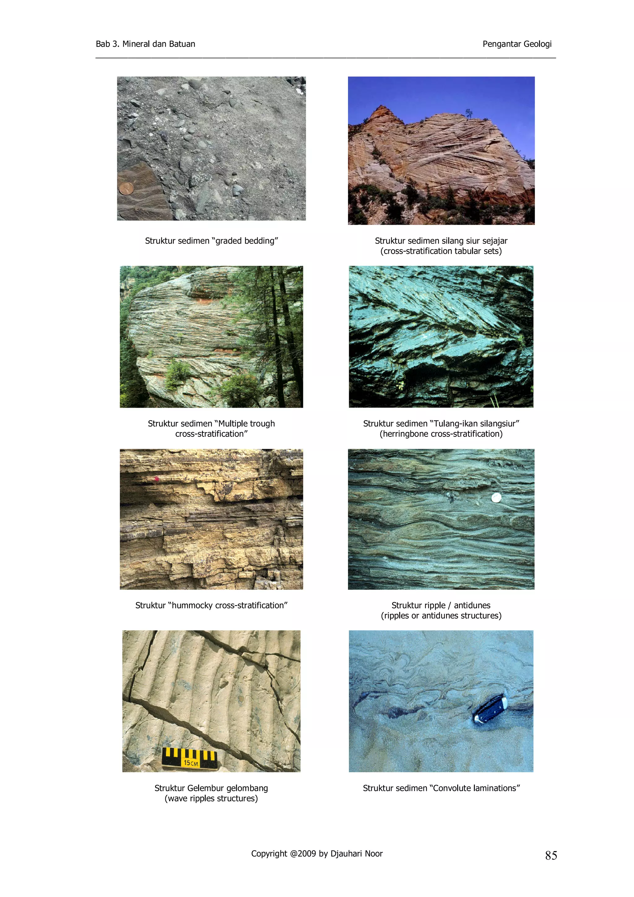 Bab 3. Mineral dan Batuan Pengantar Geologi
___________________________________________________________________________________________________
Copyright @2009 by Djauhari Noor 85
Struktur sedimen “graded bedding” Struktur sedimen silang siur sejajar
(cross-stratification tabular sets)
Struktur sedimen “Multiple trough
cross-stratification”
Struktur sedimen “Tulang-ikan silangsiur”
(herringbone cross-stratification)
Struktur “hummocky cross-stratification” Struktur ripple / antidunes
(ripples or antidunes structures)
Struktur Gelembur gelombang
(wave ripples structures)
Struktur sedimen “Convolute laminations”
 