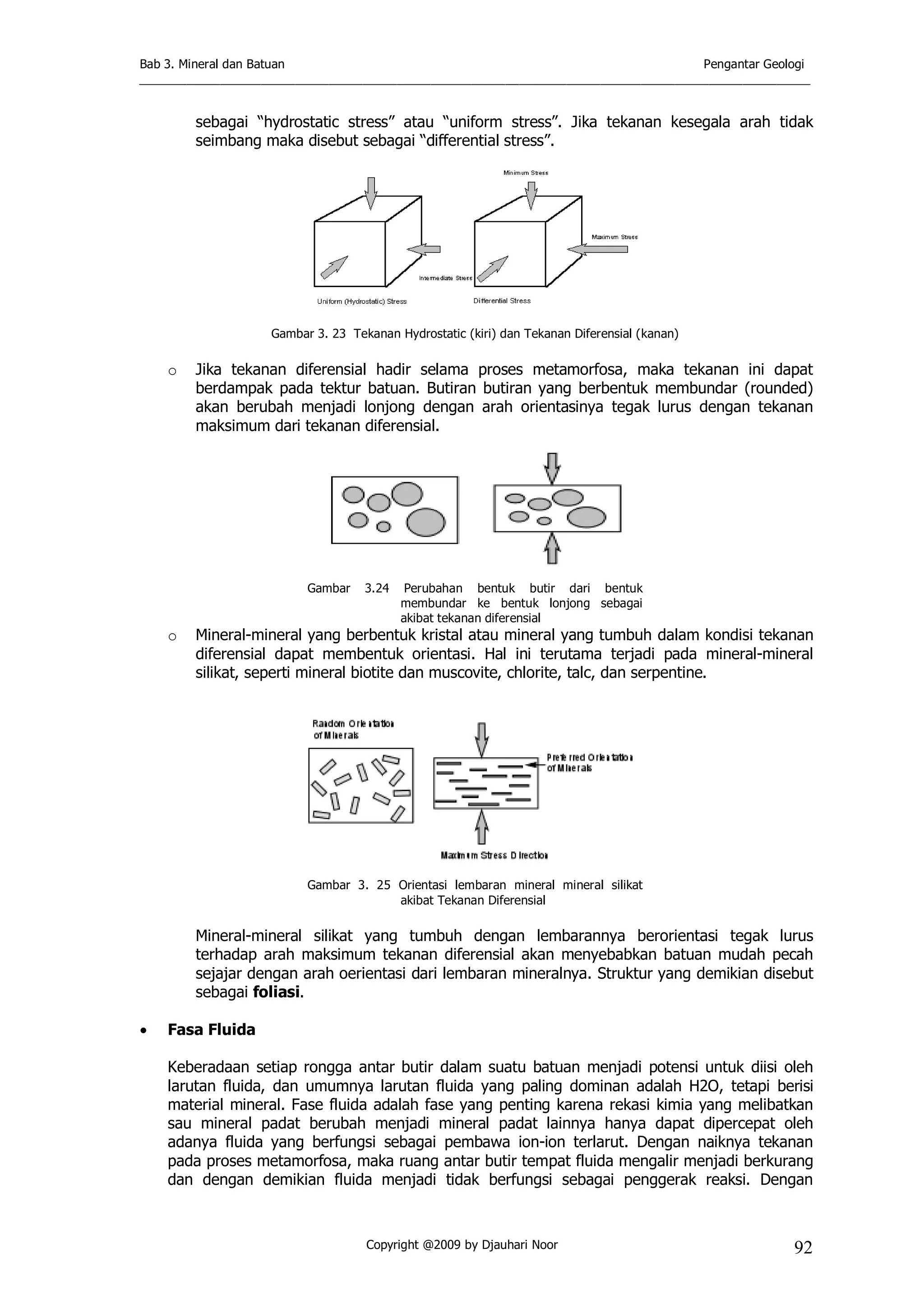 Bab 3. Mineral dan Batuan Pengantar Geologi
___________________________________________________________________________________________________
Copyright @2009 by Djauhari Noor 92
sebagai “hydrostatic stress” atau “uniform stress”. Jika tekanan kesegala arah tidak
seimbang maka disebut sebagai “differential stress”.
Gambar 3. 23 Tekanan Hydrostatic (kiri) dan Tekanan Diferensial (kanan)
o Jika tekanan diferensial hadir selama proses metamorfosa, maka tekanan ini dapat
berdampak pada tektur batuan. Butiran butiran yang berbentuk membundar (rounded)
akan berubah menjadi lonjong dengan arah orientasinya tegak lurus dengan tekanan
maksimum dari tekanan diferensial.
Gambar 3.24 Perubahan bentuk butir dari bentuk
membundar ke bentuk lonjong sebagai
akibat tekanan diferensial
o Mineral-mineral yang berbentuk kristal atau mineral yang tumbuh dalam kondisi tekanan
diferensial dapat membentuk orientasi. Hal ini terutama terjadi pada mineral-mineral
silikat, seperti mineral biotite dan muscovite, chlorite, talc, dan serpentine.
Gambar 3. 25 Orientasi lembaran mineral mineral silikat
akibat Tekanan Diferensial
Mineral-mineral silikat yang tumbuh dengan lembarannya berorientasi tegak lurus
terhadap arah maksimum tekanan diferensial akan menyebabkan batuan mudah pecah
sejajar dengan arah oerientasi dari lembaran mineralnya. Struktur yang demikian disebut
sebagai foliasi.
• Fasa Fluida
Keberadaan setiap rongga antar butir dalam suatu batuan menjadi potensi untuk diisi oleh
larutan fluida, dan umumnya larutan fluida yang paling dominan adalah H2O, tetapi berisi
material mineral. Fase fluida adalah fase yang penting karena rekasi kimia yang melibatkan
sau mineral padat berubah menjadi mineral padat lainnya hanya dapat dipercepat oleh
adanya fluida yang berfungsi sebagai pembawa ion-ion terlarut. Dengan naiknya tekanan
pada proses metamorfosa, maka ruang antar butir tempat fluida mengalir menjadi berkurang
dan dengan demikian fluida menjadi tidak berfungsi sebagai penggerak reaksi. Dengan
 