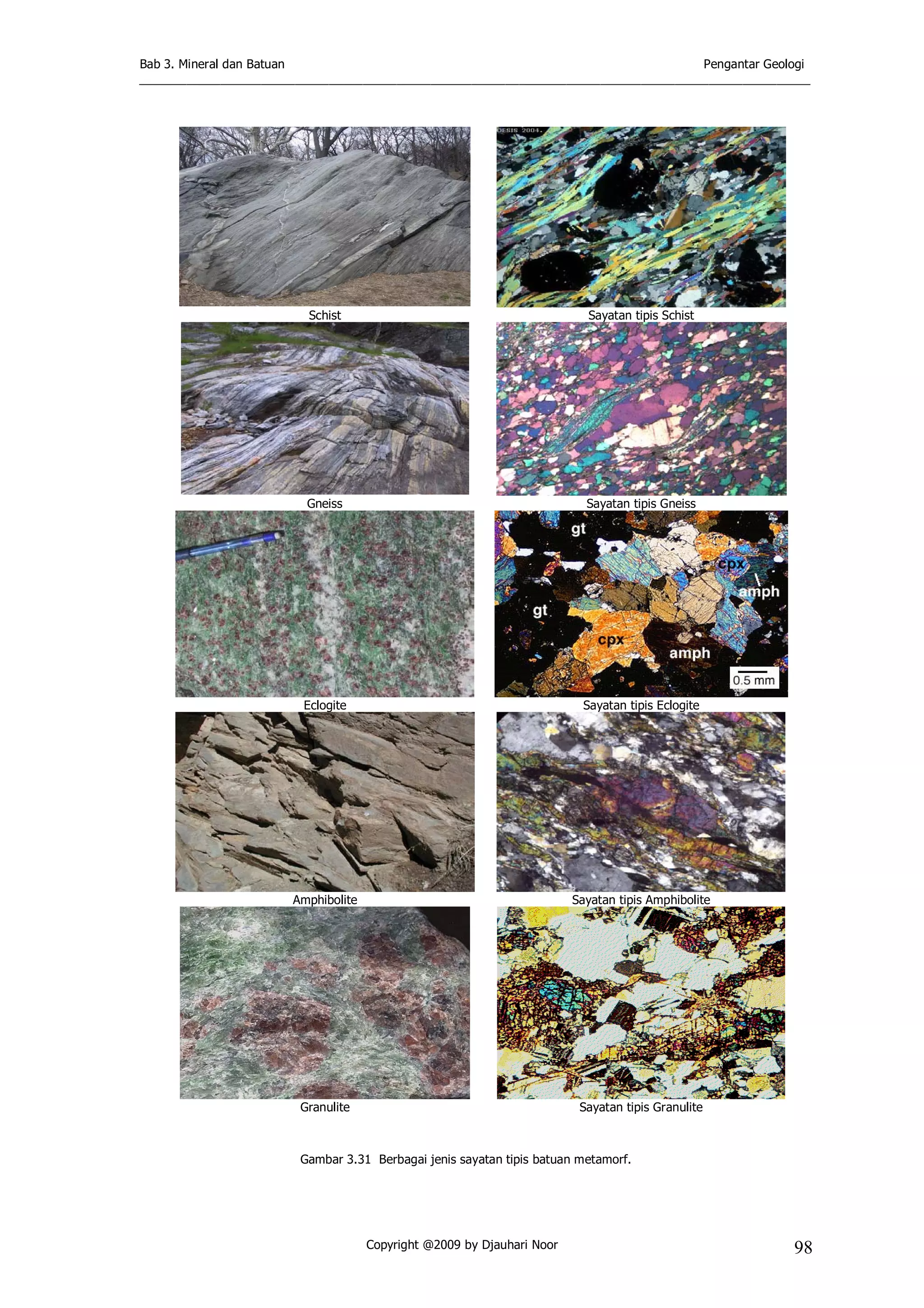 Bab 3. Mineral dan Batuan Pengantar Geologi
___________________________________________________________________________________________________
Copyright @2009 by Djauhari Noor 98
Gambar 3.31 Berbagai jenis sayatan tipis batuan metamorf.
Schist Sayatan tipis Schist
Gneiss Sayatan tipis Gneiss
Eclogite Sayatan tipis Eclogite
Amphibolite Sayatan tipis Amphibolite
Granulite Sayatan tipis Granulite
 