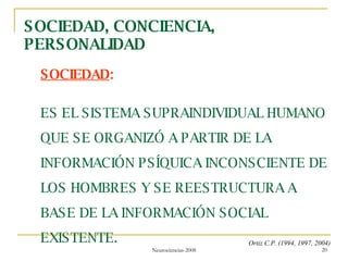 SOCIEDAD : ES EL SISTEMA SUPRAINDIVIDUAL HUMANO QUE SE ORGANIZÓ A PARTIR DE LA INFORMACIÓN PSÍQUICA INCONSCIENTE DE LOS HOMBRES Y SE REESTRUCTURA A BASE DE LA INFORMACIÓN SOCIAL EXISTENTE. Ortiz C.P. (1994, 1997, 2004) SOCIEDAD, CONCIENCIA, PERSONALIDAD 