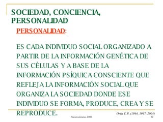 PERSONALIDAD : ES CADA INDIVIDUO SOCIAL ORGANIZADO A PARTIR DE LA INFORMACIÓN GENÉTICA DE SUS CÉLULAS Y A BASE DE LA INFORMACIÓN PSÍQUICA CONSCIENTE QUE REFLEJA LA INFORMACIÓN SOCIAL QUE ORGANIZA LA SOCIEDAD DONDE ESE INDIVIDUO SE FORMA, PRODUCE, CREA Y SE REPRODUCE. Ortiz C.P. (1994, 1997, 2004) SOCIEDAD, CONCIENCIA, PERSONALIDAD 