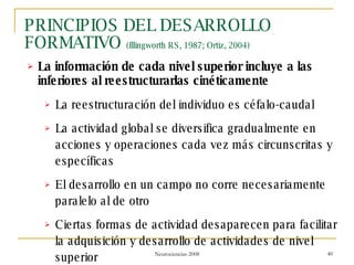 PRINCIPIOS DEL DESARROLLO FORMATIVO  (Illingworth RS, 1987; Ortiz, 2004) La información de cada nivel superior incluye a las inferiores al reestructurarlas cinéticamente   La reestructuración del individuo es céfalo-caudal La actividad global se diversifica gradualmente en acciones y operaciones cada vez más circunscritas y específicas El desarrollo en un campo no corre necesariamente paralelo al de otro Ciertas formas de actividad desaparecen para facilitar la adquisición y desarrollo de actividades de nivel superior 