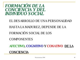 FORMACIÓN DE LA CONCIENCIA Y DEL INDIVIDUO SOCIAL EL DESARROLLO DE UNA PERSONALIDAD HASTA LA MADUREZ, DEPENDE DE LA FORMACIÓN SOCIAL DE LOS COMPONENTES AFECTIVO ,  COGNITIVO  Y  CONATIVO  DE LA CONCIENCIA 