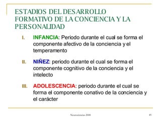 ESTADIOS DEL DESARROLLO FORMATIVO DE LA CONCIENCIA Y LA PERSONALIDAD INFANCIA : Periodo durante el cual se forma el componente afectivo de la conciencia y el temperamento NIÑEZ : periodo durante el cual se forma el componente cognitivo de la conciencia y el intelecto ADOLESCENCIA : periodo durante el cual se forma el componente conativo de la conciencia y el carácter 
