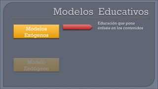 Educación que pone énfasis en los contenidos Modelos Exógenos Modelo Endógeno 