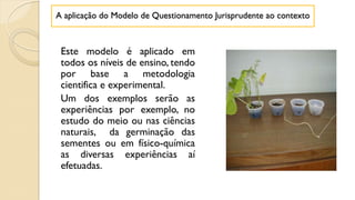 Este modelo é aplicado em
todos os níveis de ensino, tendo
por base a metodologia
cientifica e experimental.
Um dos exemplos serão as
experiências por exemplo, no
estudo do meio ou nas ciências
naturais, da germinação das
sementes ou em físico-química
as diversas experiências aí
efetuadas.
A aplicação do Modelo de Questionamento Jurisprudente ao contexto
 
