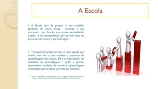  A Escola terá de propor o seu trabalho
partindo de novas bases , revendo a sua
estrutura em função das novas necessidades
sociais e da compreensão que se tem hoje do
processo de ensino e aprendizagem.
 “O papel do professor não é mais aquele que
ensina, mas sim o que viabiliza o processo de
aprendizagem dos alunos. Ele é o organizador do
ambiente de aprendizagem “ (p.33) e precisa
desenvolver modelos de ensino e aprendizagem
articulados com o novo perfil de ser humano.
 Vieira, Alexandre Thomaz;Almeida Maria Elizabeth Bianconcini; Alonso,
Myrtes. Gestão Educacional e Tecnológica. São Paulo: Avercamp, 2003. .
A Escola
 
