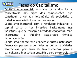 Fases do Capitalismo
Capitalismo comercial: a maior parte dos lucros
concentra-se nas mãos dos comerciantes, que
constituem a camada hegemônica da sociedade; o
trabalho assalariado torna-se mais comum.
Capitalismo industrial: com a revolução industrial, o
capital passa a ser investido basicamente nas
industrias, que se tornam a atividade econômica mais
importante; o trabalho assalariado firma-se
definitivamente.
Capitalismo financeiro: os bancos e outras instituições
financeiras passam a controlar as demais atividades
econômicas, por meio de financiamentos para a
agricultura, a indústria, a pecuária e para o comercio.
Disponível em: http://www.coladaweb.com/economia/modos-de-produção, acesso em: 17/04/2015.
 