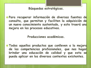 Búsquedas estratégicas.

 Para recuperar información de diversas fuentes de
 consulta, que permitan y faciliten la adquisición de
 un nuevo conocimiento sustentado, y esto traerá una
 mejora en los procesos educativos.

             Producciones académicas.

 Todos aquellos productos que conlleven a la mejora
 de las competencias profesionales, que nos hagan
 brindar una educación de calidad y que esta se
 pueda aplicar en los diversos contextos existentes.
 