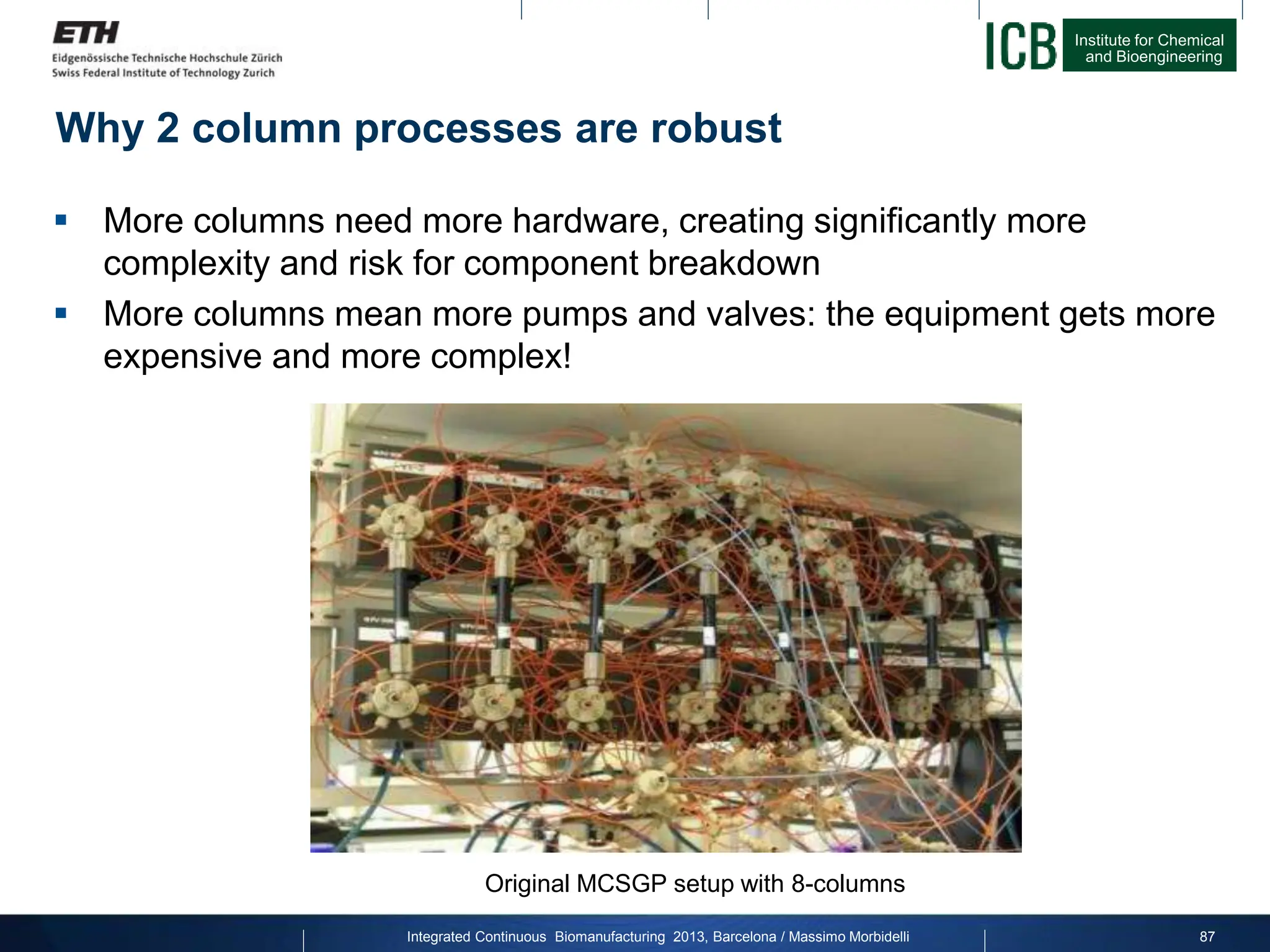 Institute for Chemical
and Bioengineering
Why 2 column processes are robust
 More columns need more hardware, creating significantly more
complexity and risk for component breakdown
 More columns mean more pumps and valves: the equipment gets more
expensive and more complex!
Original MCSGP setup with 8-columns
Integrated Continuous Biomanufacturing 2013, Barcelona / Massimo Morbidelli 87
 