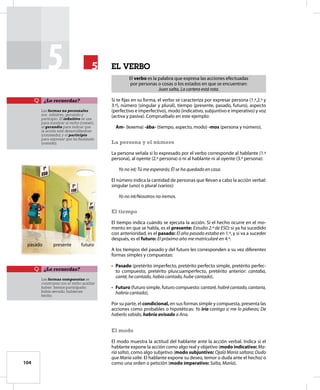 104
5 el verbo
El verbo es la palabra que expresa las acciones efectuadas
por personas o cosas o los estados en que se encuentran:
Juan salta, La cartera está rota.
Si te fijas en su forma, el verbo se caracteriza por expresar persona (1.ª,2.ª y
3.ª), número (singular y plural), tiempo (presente, pasado, futuro), aspecto
(perfectivo e imperfectivo), modo (indicativo, subjuntivo e imperativo) y voz
(activa y pasiva). Compruébalo en este ejemplo:
Am- (lexema) -ába- (tiempo, aspecto, modo) -mos (persona y número).
La persona y el número
La persona señala si lo expresado por el verbo corresponde al hablante (1.ª
persona), al oyente (2.ª persona) o ni al hablante ni al oyente (3.ª persona):
Yo no iré; Tú me esperarás; Él se ha quedado en casa.
El número indica la cantidad de personas que llevan a cabo la acción verbal:
singular (uno) o plural (varios):
Yo no iré/Nosotros no iremos.
El tiempo
El tiempo indica cuándo se ejecuta la acción. Si el hecho ocurre en el mo-
mento en que se habla, es el presente: Estudio 2.º de ESO; si ya ha sucedido
con anterioridad, es el pasado: El año pasado estaba en 1.º, y si va a suceder
después, es el futuro: El próximo año me matricularé en 4.º.
A los tiempos del pasado y del futuro les corresponden a su vez diferentes
formas simples y compuestas:
•	 Pasado (pretérito imperfecto, pretérito perfecto simple, pretérito perfec-
to compuesto, pretérito pluscuamperfecto, pretérito anterior: cantaba,
canté, he cantado, había cantado, hube cantado).
•	 Futuro (futuro simple, futuro compuesto: cantaré,habrécantado,cantaría,
habría cantado).
Por su parte, el condicional, en sus formas simple y compuesta, presenta las
acciones como probables o hipotéticas: Yo iría contigo si me lo pidieras; De
haberlo sabido, habría avisado a Ana.
El modo
El modo muestra la actitud del hablante ante la acción verbal. Indica si el
hablante expone la acción como algo real y objetivo (modo indicativo: Ma-
ría salta), como algo subjetivo (modo subjuntivo: Ojalá María saltara; Dudo
que María salte. El hablante expone su deseo, temor o duda ante el hecho) o
como una orden o petición (modo imperativo: Salta, María).
5
5
Las formas no personales
son infinitivo, gerundio y
participio. El infinitivo se usa
para nombrar al verbo (comer),
el gerundio para indicar que
la acción está desarrollándose
(comiendo) y el participio
para expresar que ha finalizado
(comido).
¿Lo recuerdas?
Las formas compuestas se
construyen con el verbo auxiliar
haber: hemos participado;
había nevado; hubierais
hecho.
¿Lo recuerdas?
	 pasado	 presente	 futuro
 