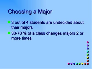 Choosing a Major
s 3 out of 4 students are undecided about
  their majors
s 30-70 % of a class changes majors 2 or
  more times
 